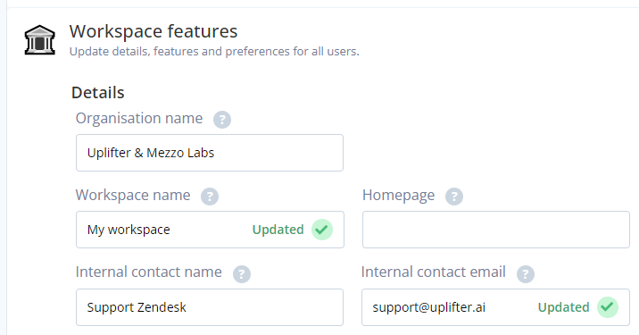 Screenshot of Workspace features